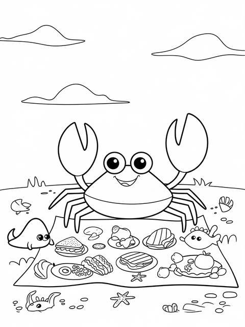 Cartoon crab enjoying a picnic with various foods on a beach setting