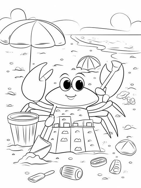 A crab building a sandcastle on the beach, with umbrellas and miya hlknncmytse7c56ob3