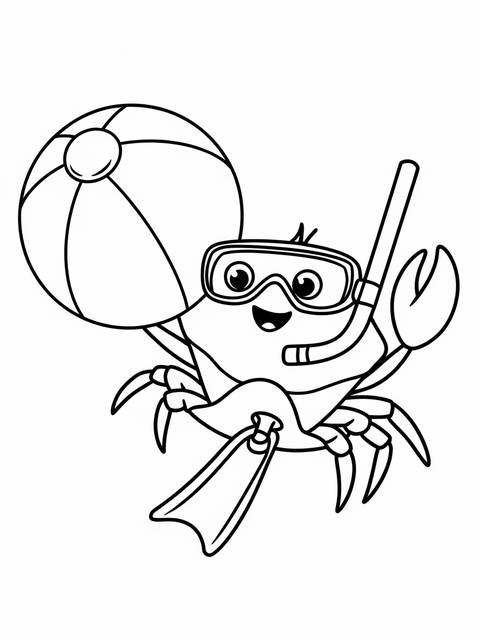 A crab holding a giant beach ball, ready to snorkel with flippers