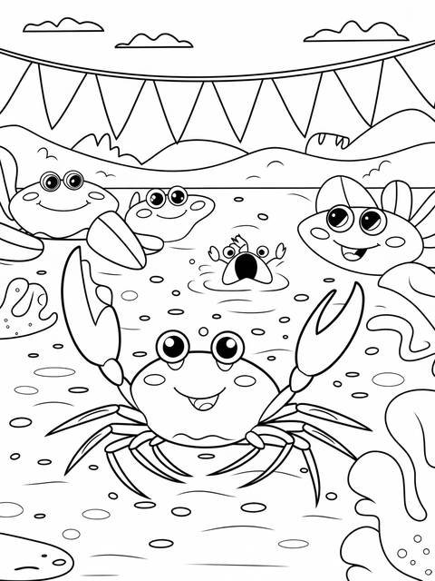 Black and white coloring page of crabs participating in a crab race