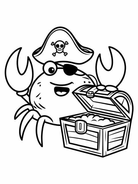 A pirate crab wearing a hat and eye patch, next to an open treasure chest