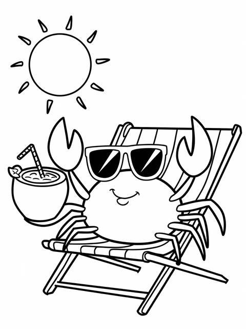 A crab wearing sunglasses lounges in a chair, enjoying a drink under the sun