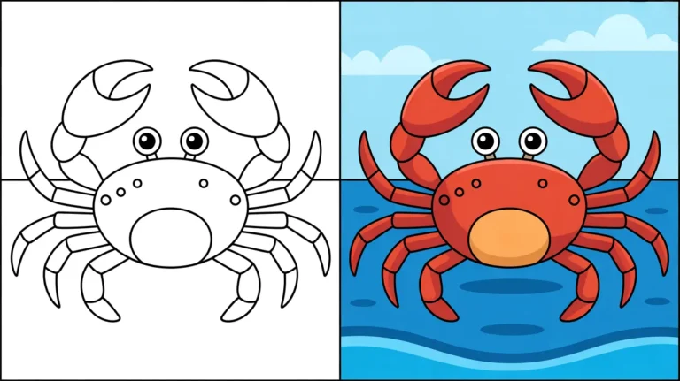 Crab coloring page: a two-panel image, one colored, one outline