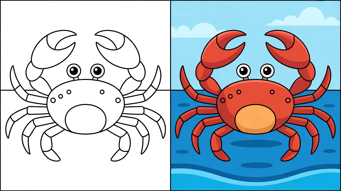 Crab coloring page: a two-panel image, one colored, one outline
