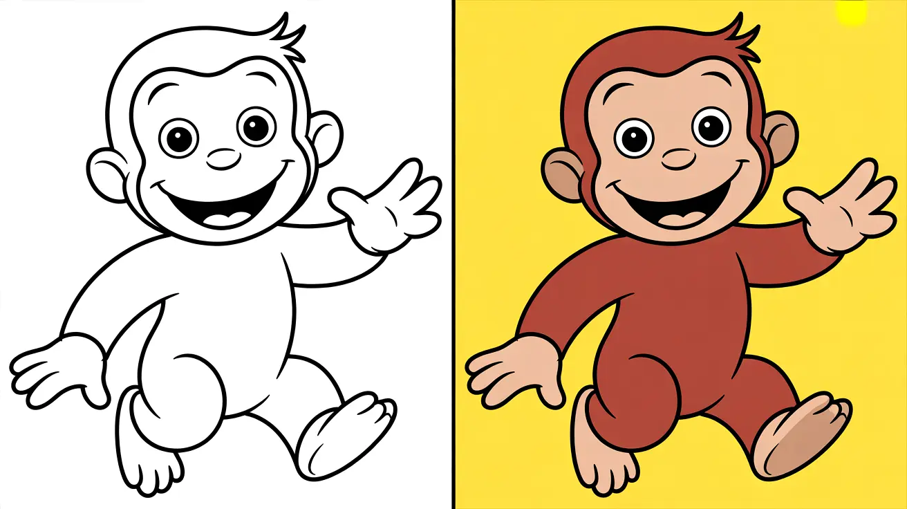 Curious george coloring page, a happy monkey waving, presented in two panels