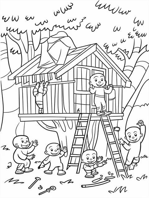 Curious george and friends building a treehouse, depicted in a black and white coloring page