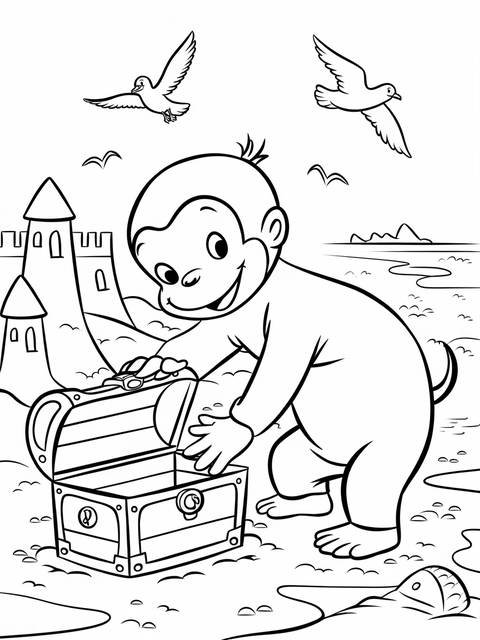 Curious george discovering a treasure chest, with birds flying overhead in a scene