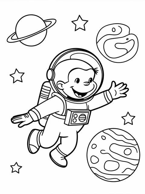 Curious george in an astronaut suit floating in space near planets and stars