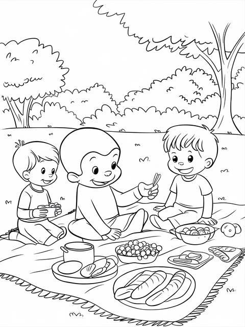 Curious george and friends enjoying a picnic with food and drinks on a blanket