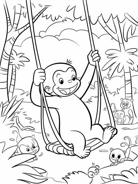 Curious george swinging on a swing, surrounded by other playful animals in a jungle