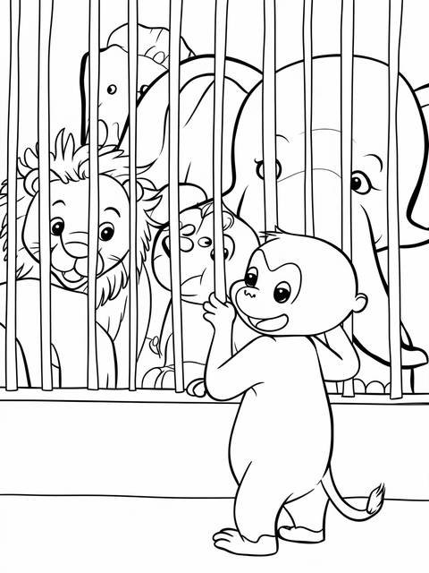 Curious george visiting a zoo, looking at lions and an elephant behind bars
