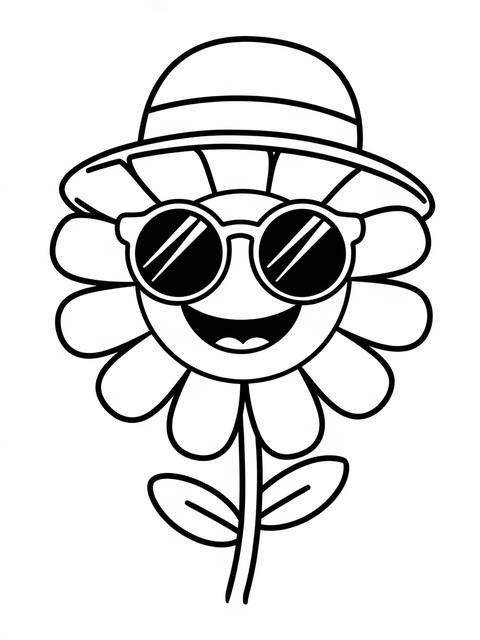 Smiling daisy wearing sunglasses and a hat, a cheerful illustration for coloring