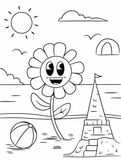 Daisy character enjoying a sunny day at the beach with a sandcastle and ball