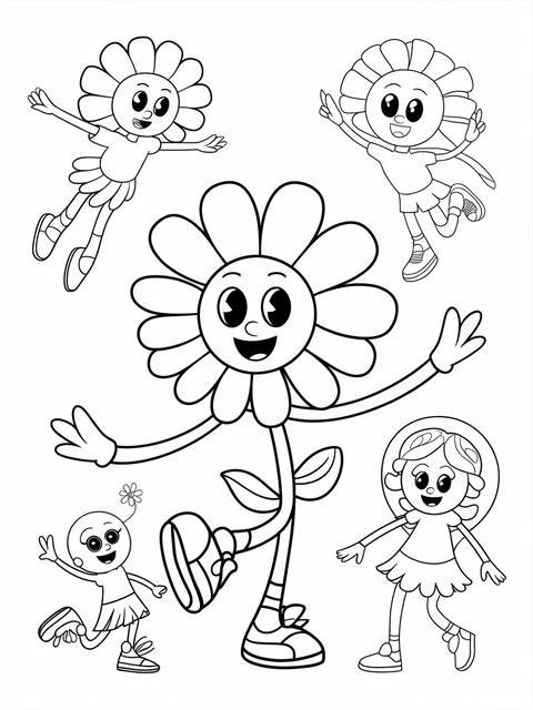 Daisy character with arms and legs, a coloring page with other flower characters