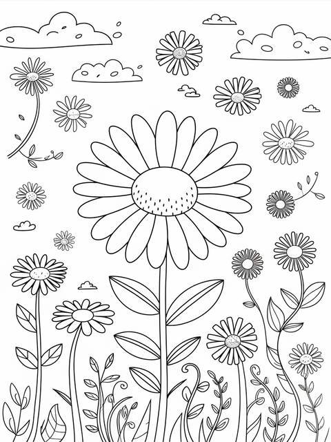 Line art coloring page of daisies emerging from a magical garden