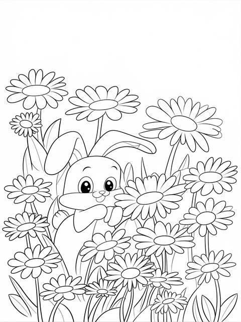 A coloring page of a bunny in a field of daisies of various sizes