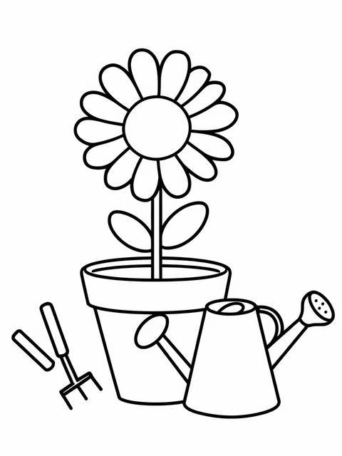 Black and white line art of a daisy in a flower pot with gardening tools