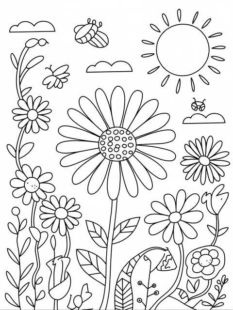 Line art of daisies in a garden setting with sun, clouds, and insects