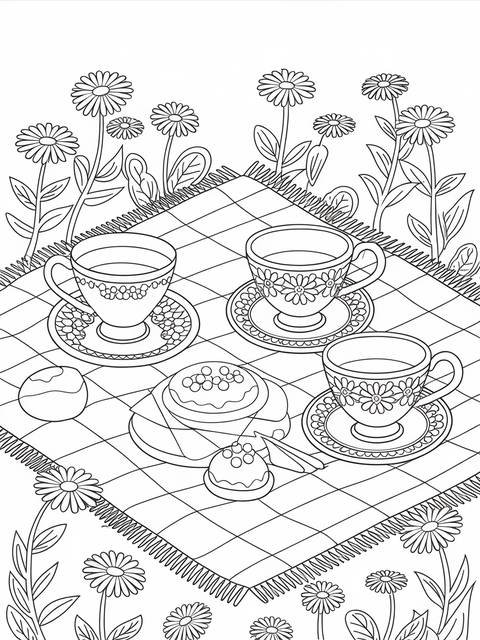 Line drawing of a daisy-themed tea party scene with cups, saucers, and treats