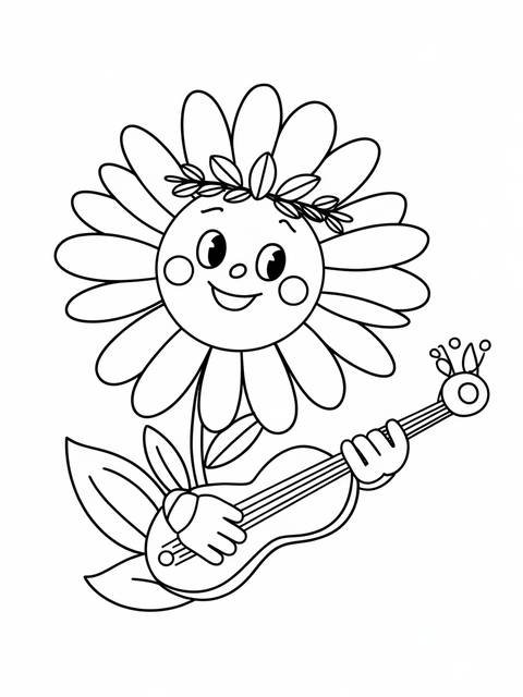 Daisy with a whimsical face playing a ukulele, a cover illustration