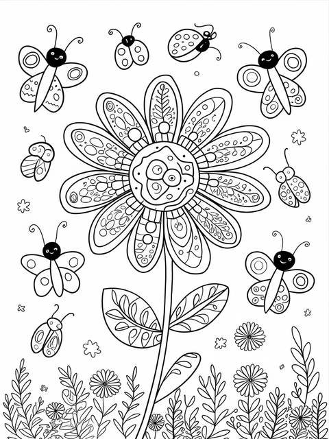 Whimsical daisy flower adorned with butterflies and ladybugs, ready for coloring