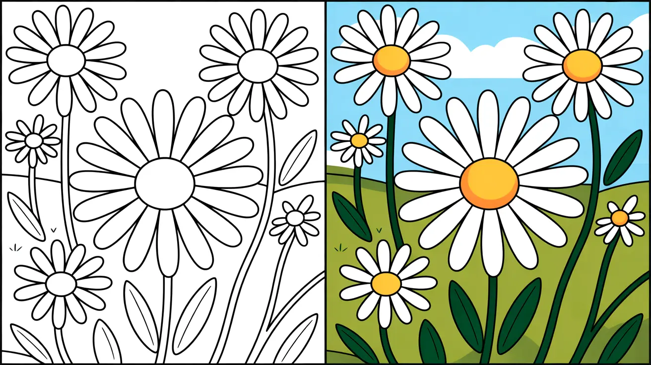 Daisy coloring pages: a two-panel image with outlined and colored daisy flowers