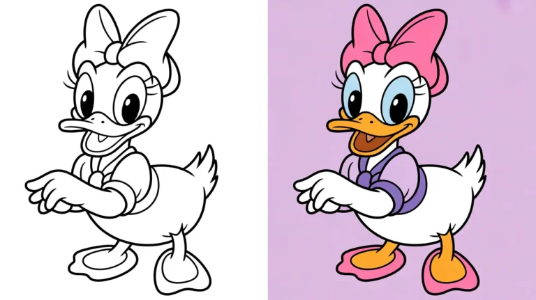 Daisy duck coloring page, a two-panel image, with a colored and uncolored version