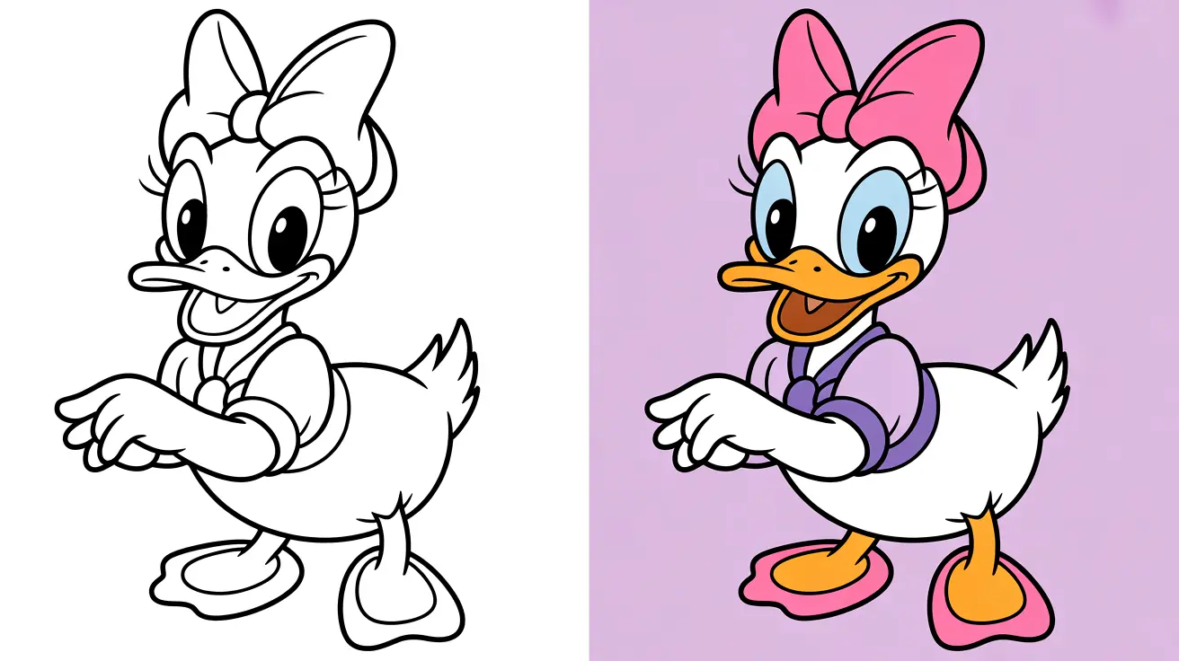Daisy duck coloring page, a two-panel image, with a colored and uncolored version