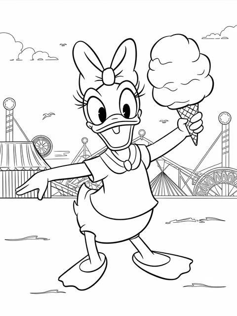 Daisy duck at a fair, excited, holding a large ice cream cone