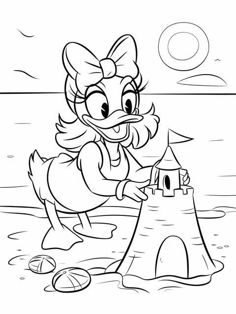 Daisy duck building a sandcastle, enjoying a sunny day at the beach