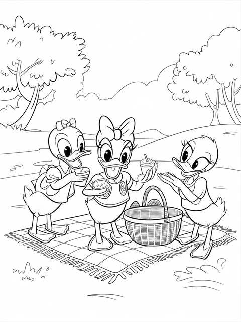 Daisy duck and friends having a picnic, as depicted in a coloring page