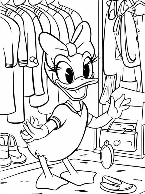 Daisy duck playing dress up, surrounded by clothes and accessories in a coloring page