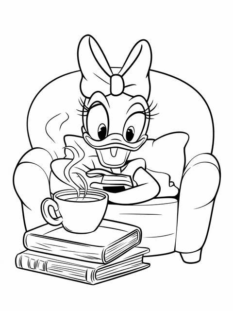 Daisy duck relaxing in a cozy chair with books and a cup of coffee