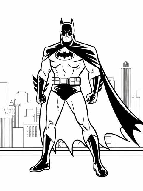 Dc batman standing on a rooftop, ready for action, with city skyline in background