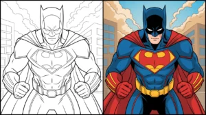 Dc coloring page cover featuring batman, with a superman logo on his chest