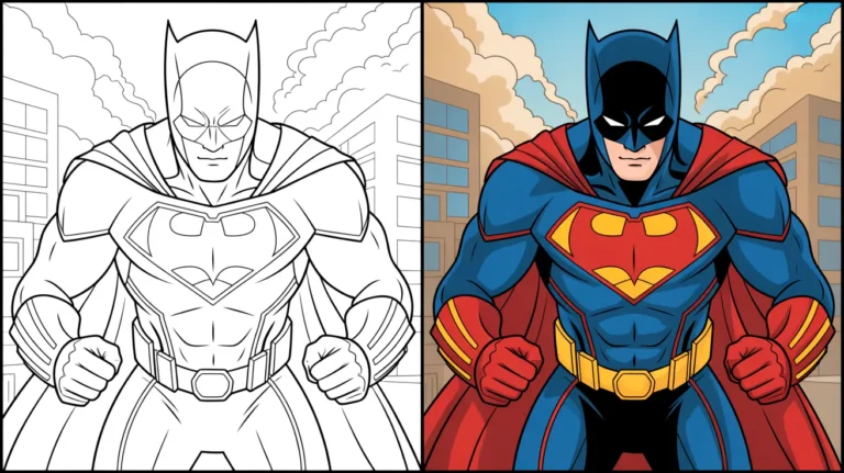 Dc coloring page cover featuring batman, with a superman logo on his chest