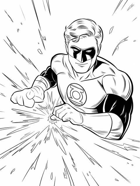 Dc green lantern creating a powerful energy blast, action pose, black and white