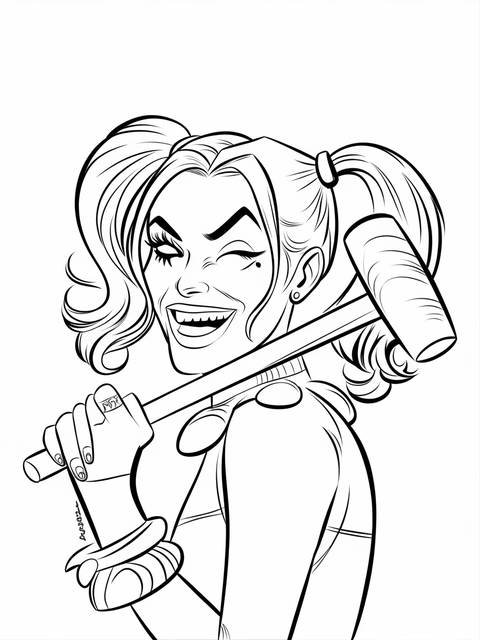 Line art of harley quinn winking and holding a mallet, ready for action