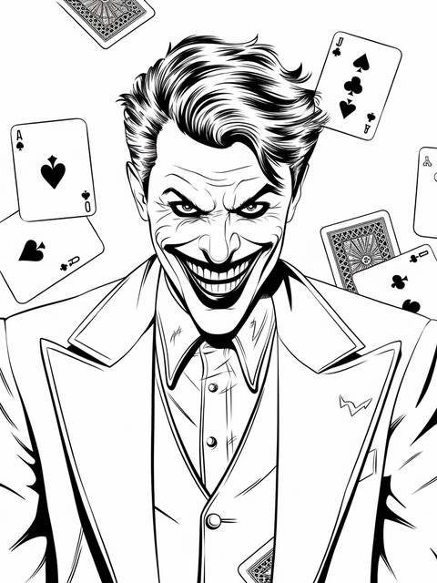 Dc the joker grinning maniacally, surrounded by playing cards, a cover image