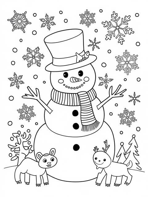 A charming snowman wearing a scarf, surrounded by snowflakes and winter animals