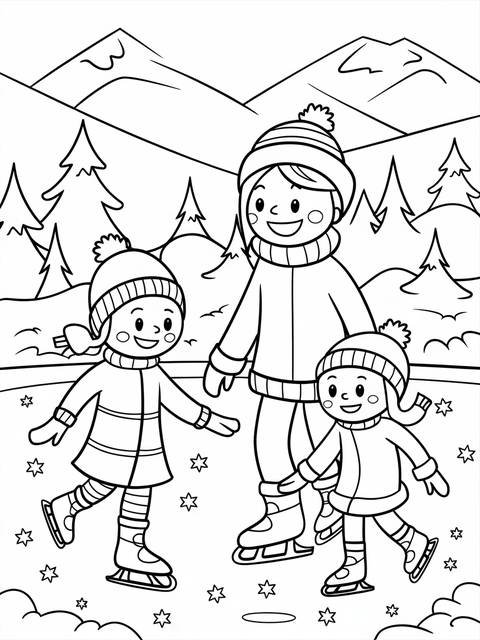 December coloring page: cheerful family ice skating together in a winter scene
