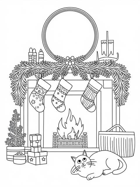 Line drawing of a cozy december fireplace with stockings and a cat