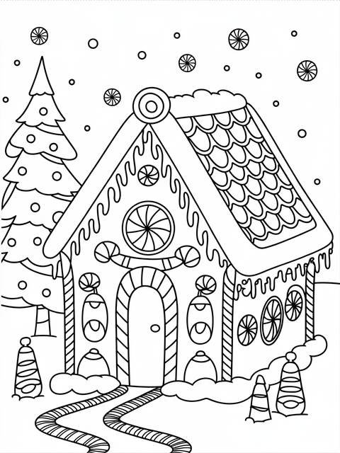 Line drawing of a december gingerbread house with candy, snow, and a path