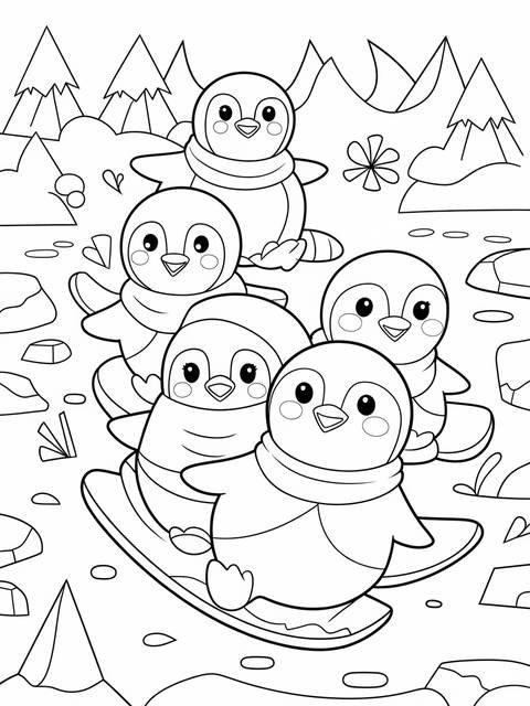 A group of cute penguins sliding on a snowboard in a winter scene