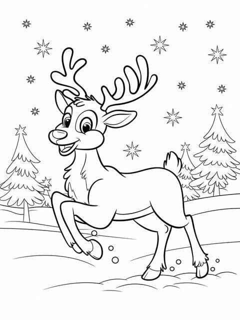 December cover: a joyful reindeer prances in a snowy scene with stars