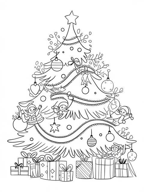 Whimsical christmas tree coloring page with elves, ornaments, and gifts for december