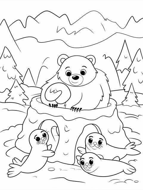 December cover: adorable polar bear with seals on a snowy landscape, ready for coloring