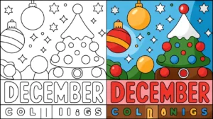 December coloring pages cover featuring christmas trees, ornaments, and stars