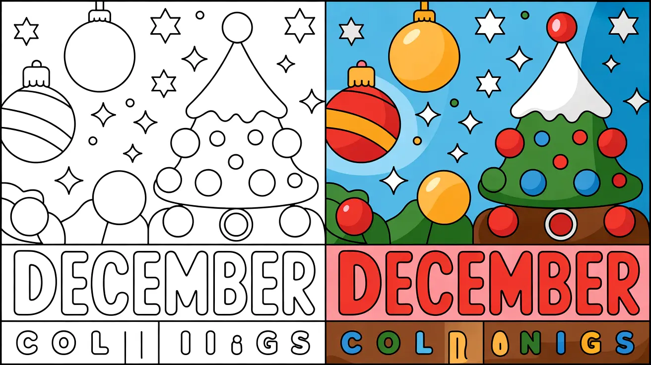 December coloring pages cover featuring christmas trees, ornaments, and stars