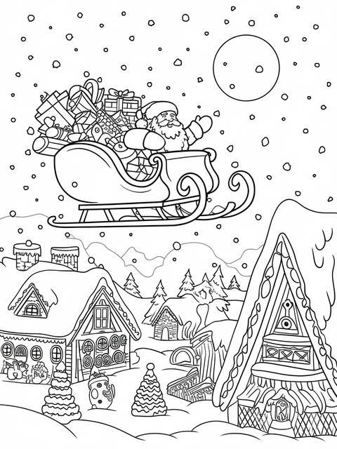 December santa in sleigh filled with toys, flying over snowy rooftops and houses